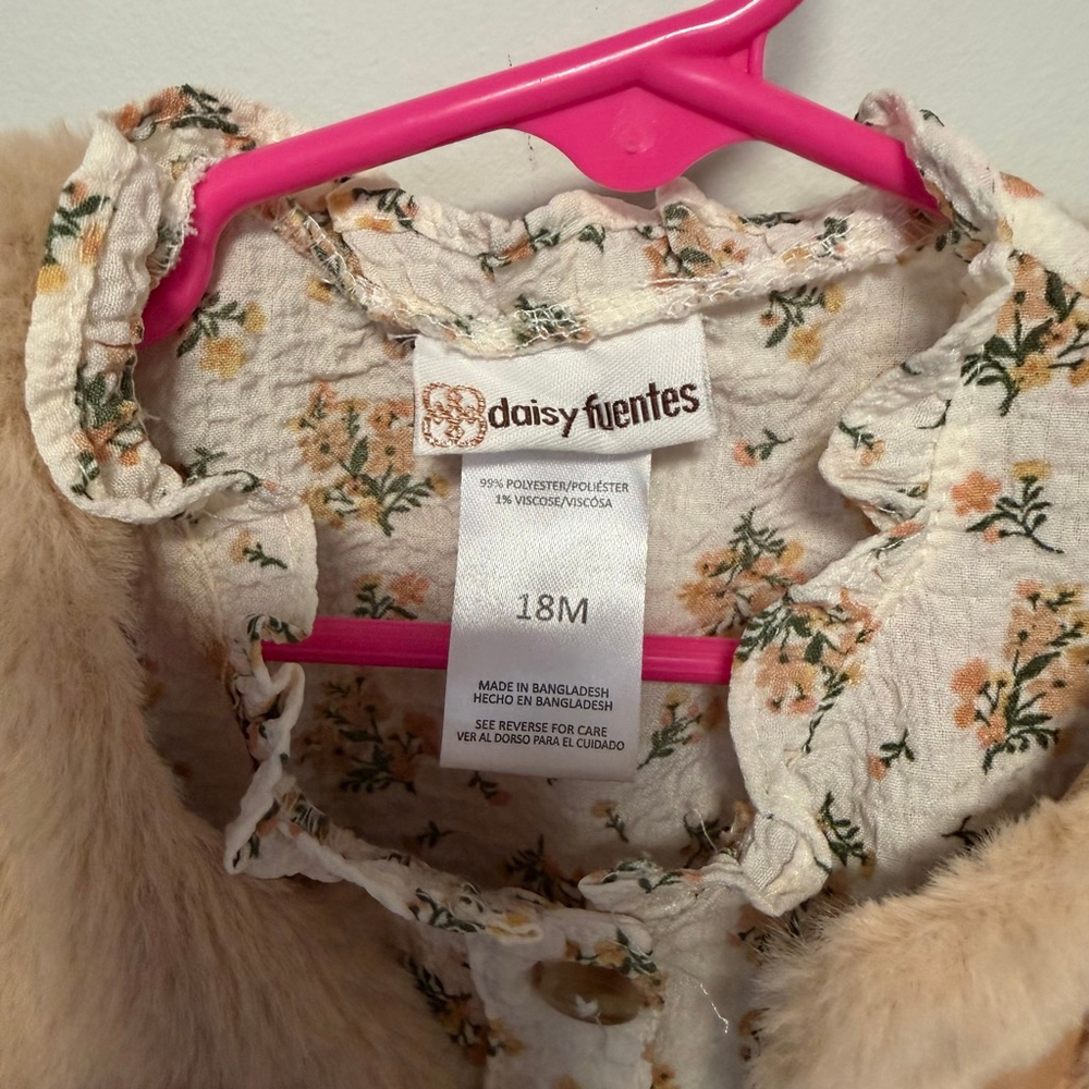 Girls Daisy Fuentes Casual Dress 18 Months White Floral with Brown Vest Bloomers - Picture 2 of 14